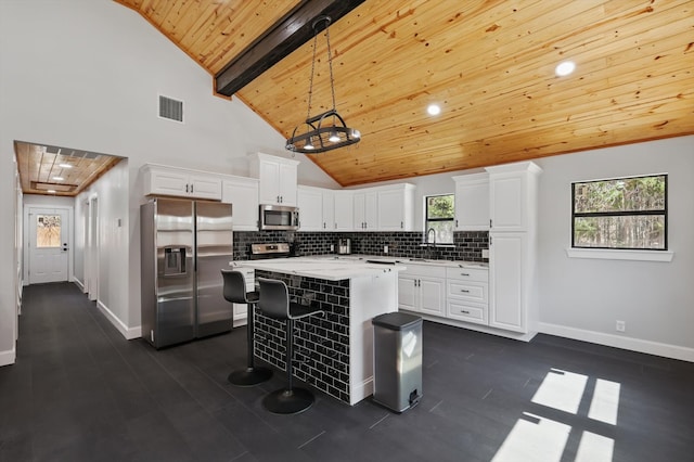 kitchen featuring a sink, white cabinetry, wooden ceiling, appliances with stainless steel finishes, and visible vents