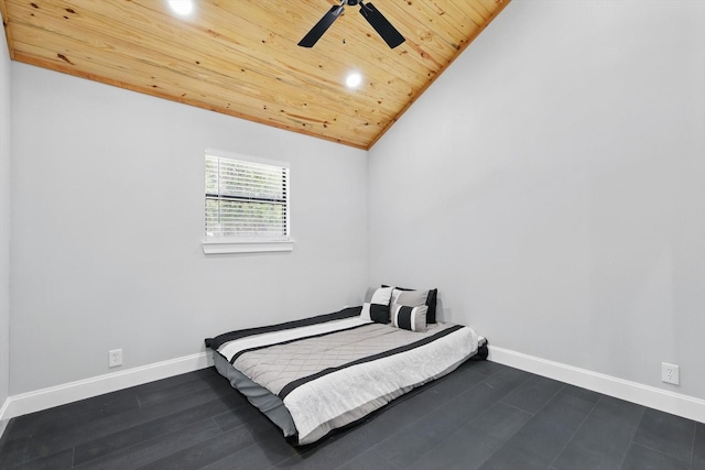 bedroom with vaulted ceiling, baseboards, recessed lighting, ceiling fan, and wooden ceiling