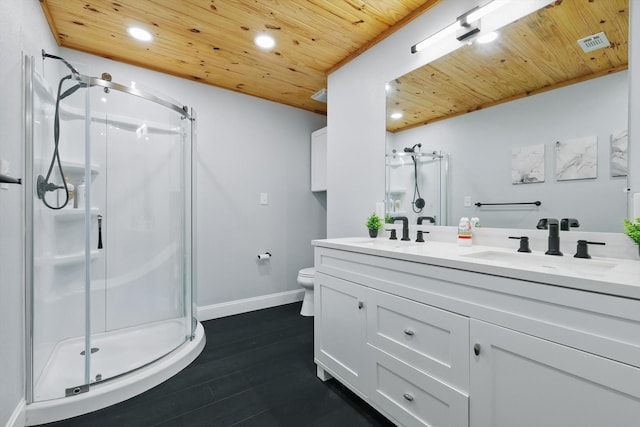 full bath with a shower stall, wooden ceiling, a sink, and visible vents