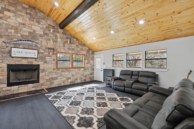 living room with wood ceiling, vaulted ceiling with beams, recessed lighting, and hardwood / wood-style flooring