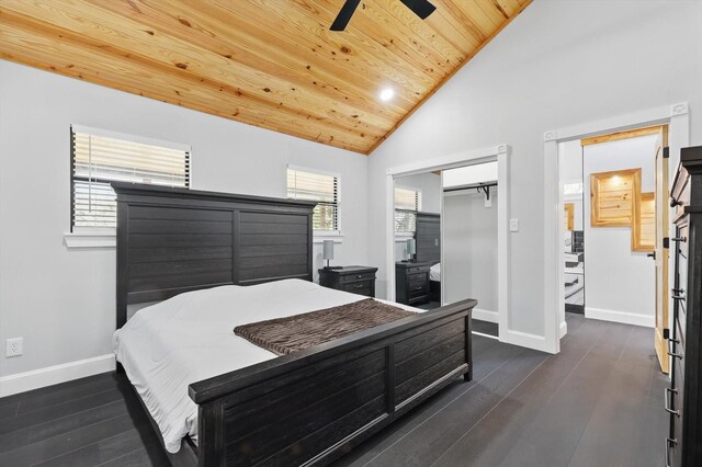 bedroom featuring wood ceiling, vaulted ceiling, dark wood-style floors, and baseboards