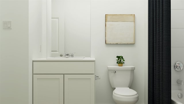 bathroom featuring shower / bathtub combination with curtain, vanity, and toilet