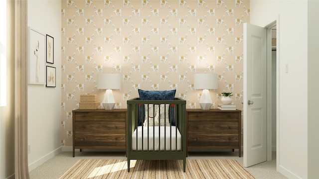 bedroom with baseboards, light colored carpet, and wallpapered walls