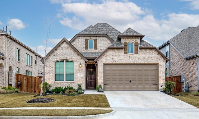 french country style house featuring a garage, brick siding, driveway, and fence