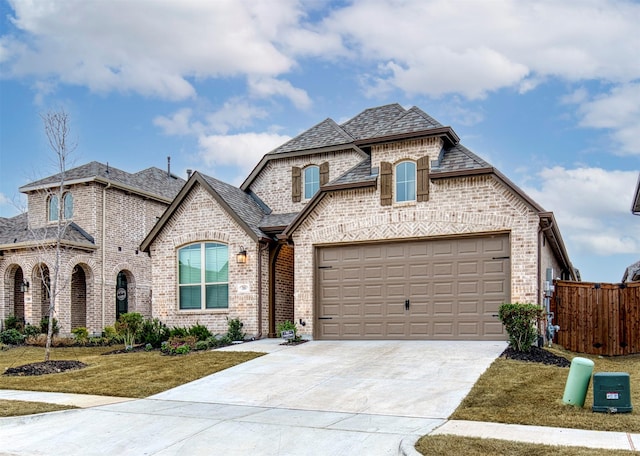 french provincial home featuring a garage, brick siding, fence, concrete driveway, and a front lawn