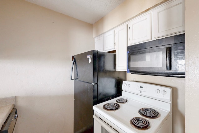 kitchen with white cabinets, a textured ceiling, black appliances, and light countertops