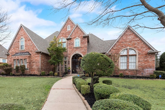 view of front of home featuring roof with shingles, a front lawn, and brick siding