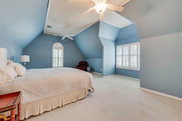 bedroom with baseboards, carpet floors, visible vents, and a ceiling fan