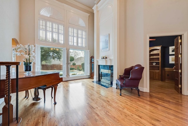 living area featuring a towering ceiling, a premium fireplace, baseboards, and wood finished floors