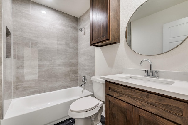 full bathroom with shower / bathing tub combination, vanity, and toilet