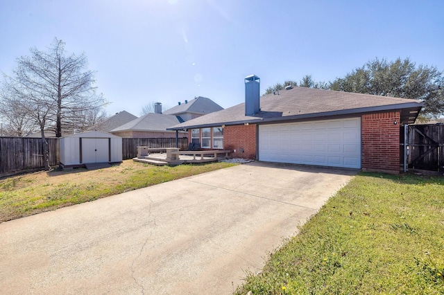 ranch-style home with a storage unit, brick siding, a chimney, and fence