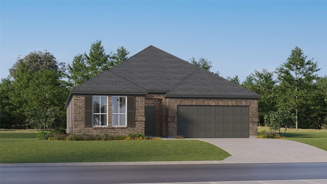 view of front of property with a garage, a front yard, brick siding, and driveway