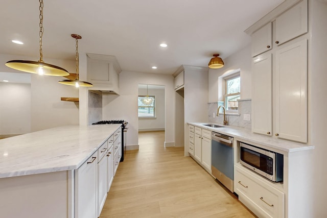 kitchen with light wood finished floors, stainless steel appliances, tasteful backsplash, a sink, and plenty of natural light