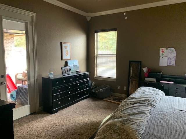 carpeted bedroom with crown molding