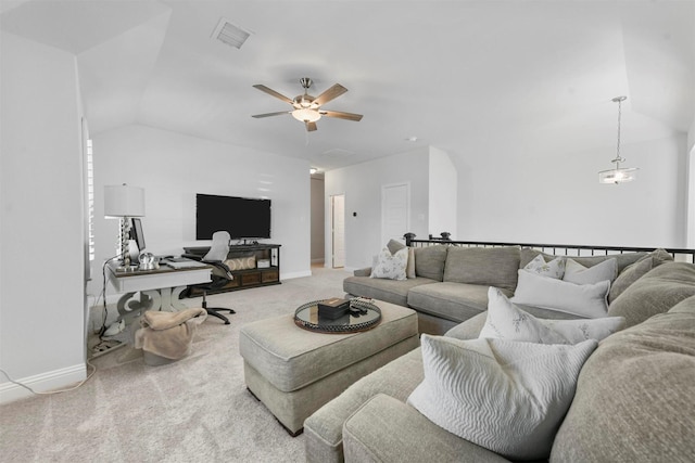 living area featuring visible vents, baseboards, lofted ceiling, ceiling fan, and carpet floors