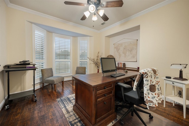 office with dark wood-style floors, visible vents, and crown molding