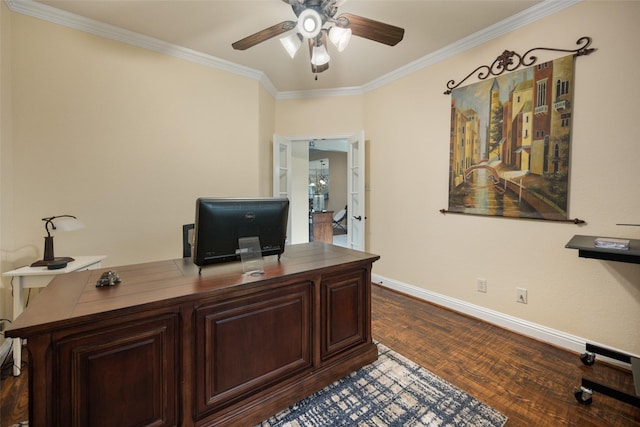 office area with a ceiling fan, baseboards, ornamental molding, and dark wood-style flooring