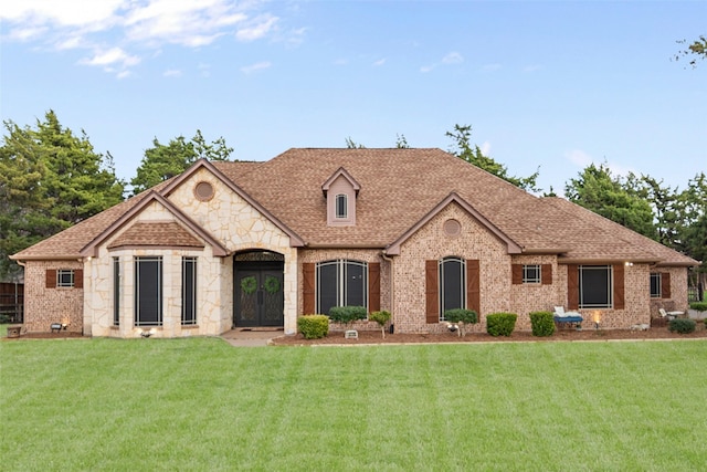 french provincial home with stone siding, a front lawn, roof with shingles, and brick siding