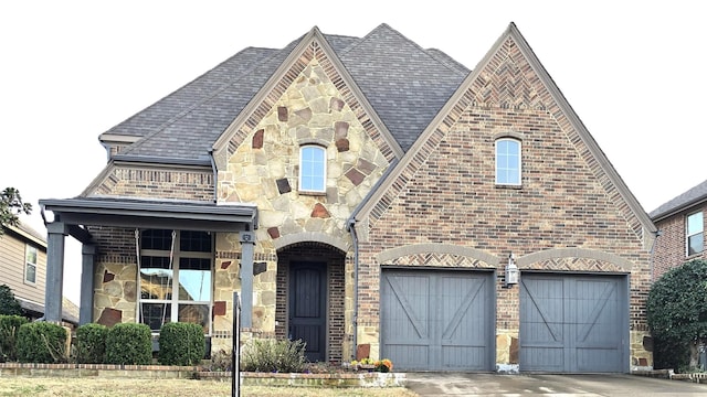 french country inspired facade featuring a garage, stone siding, brick siding, and driveway