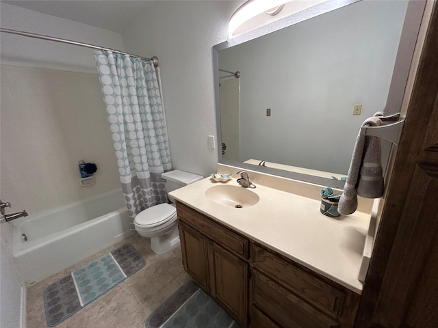 bathroom with tile patterned flooring, vanity, toilet, and shower / bathtub combination with curtain