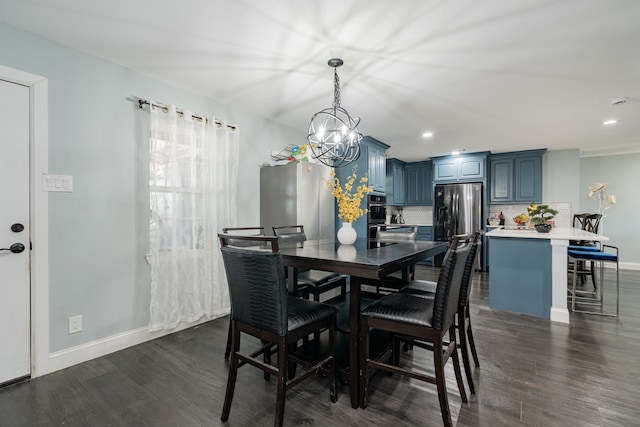 dining area featuring recessed lighting, dark wood finished floors, and baseboards