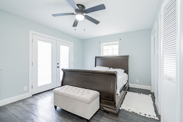 bedroom with ceiling fan, french doors, dark wood-type flooring, and baseboards