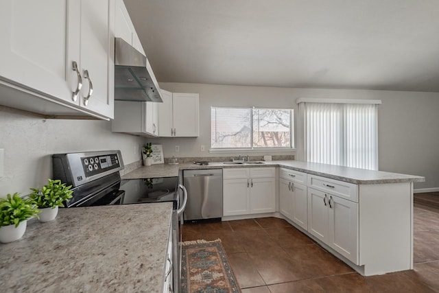 kitchen featuring white cabinetry, appliances with stainless steel finishes, ventilation hood, and a sink