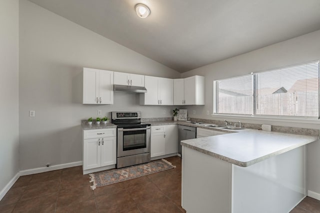 kitchen with a peninsula, a sink, light countertops, under cabinet range hood, and appliances with stainless steel finishes