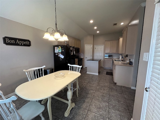 dining area featuring tile patterned floors, recessed lighting, visible vents, and baseboards