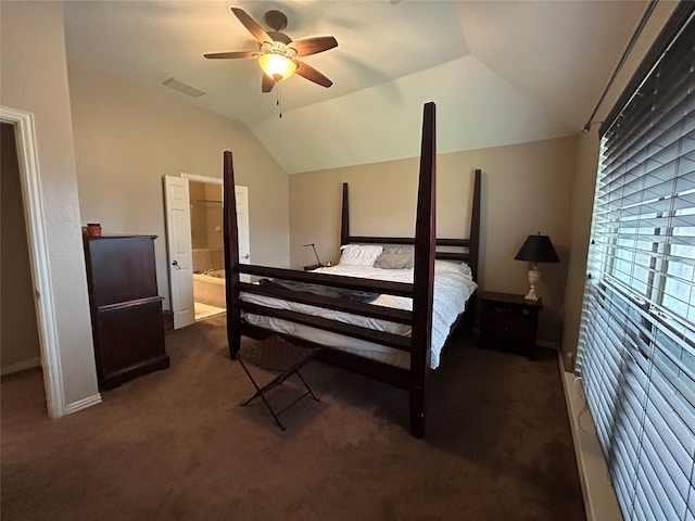 bedroom featuring visible vents, ceiling fan, lofted ceiling, carpet flooring, and ensuite bathroom