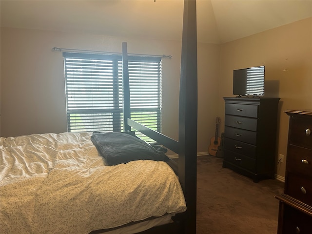 bedroom with carpet flooring, baseboards, and vaulted ceiling