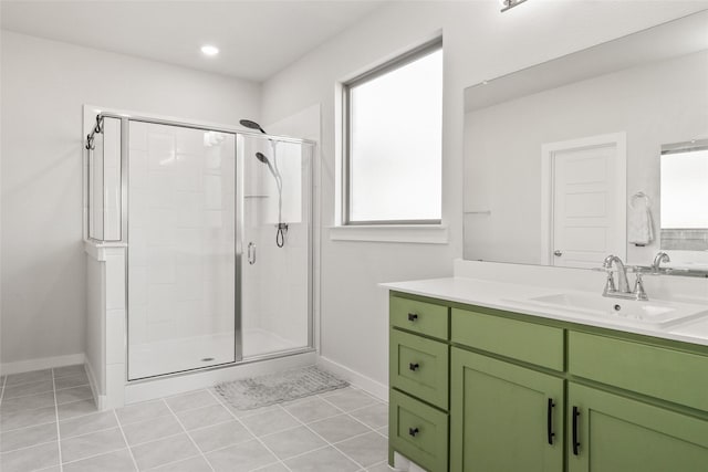 full bath featuring baseboards, a shower stall, vanity, and tile patterned floors