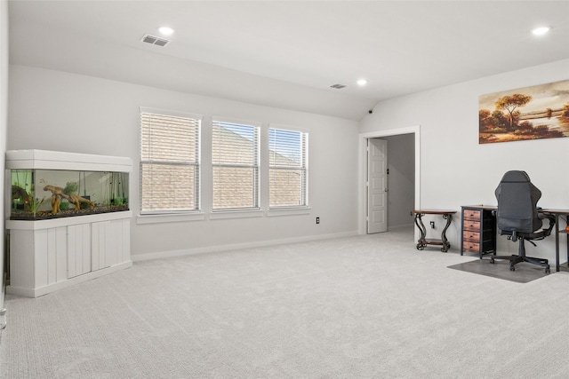 office space with carpet floors, lofted ceiling, visible vents, and recessed lighting