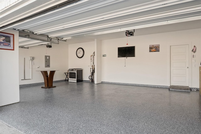 garage with a garage door opener, electric panel, and baseboards