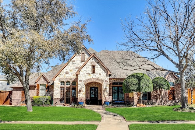 view of front of property with brick siding, a front yard, and fence