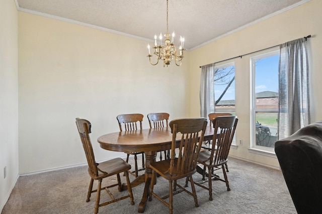 carpeted dining room featuring baseboards, a textured ceiling, a chandelier, and crown molding