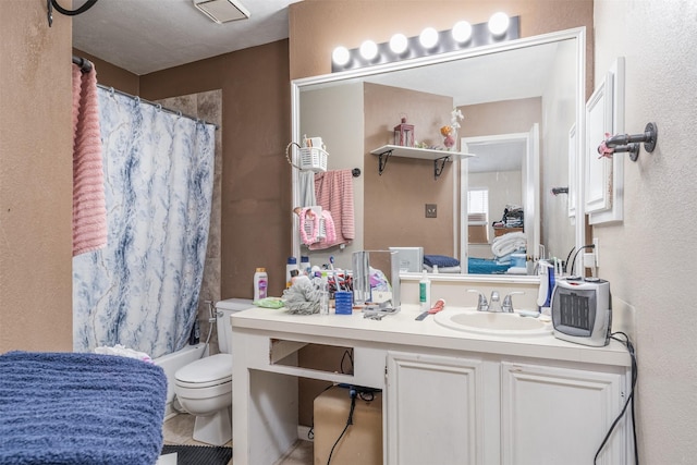 full bath featuring toilet, vanity, shower / tub combo, and a textured wall