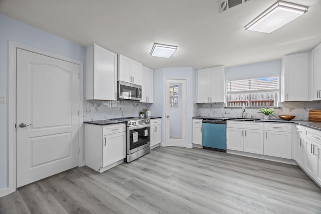 kitchen featuring stainless steel appliances, dark countertops, and white cabinets