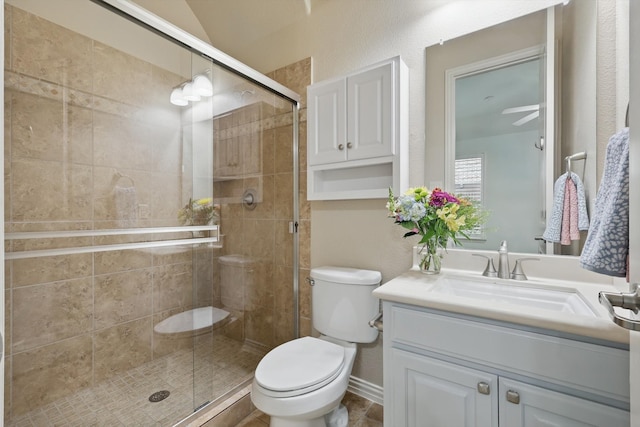 full bathroom featuring vanity, a shower stall, and toilet