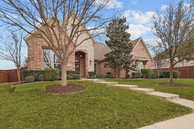 tudor-style house with brick siding, a front lawn, and fence