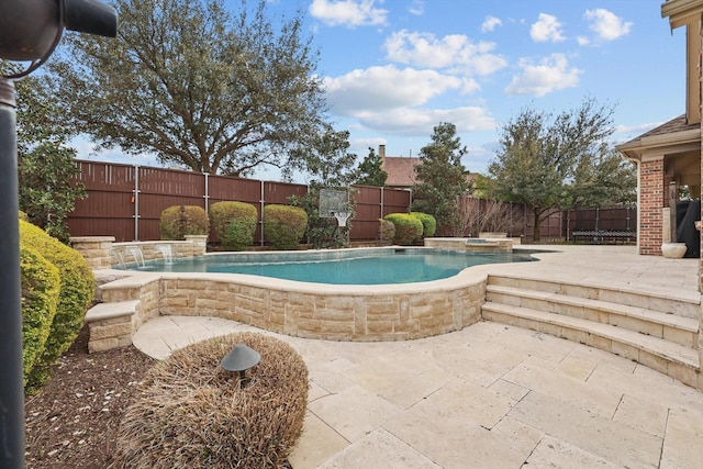 view of pool featuring a patio, a fenced backyard, a fenced in pool, and an in ground hot tub