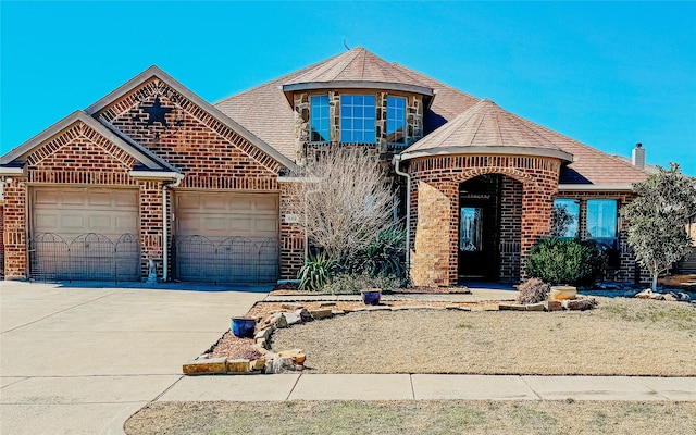 french country home featuring brick siding, driveway, and a garage