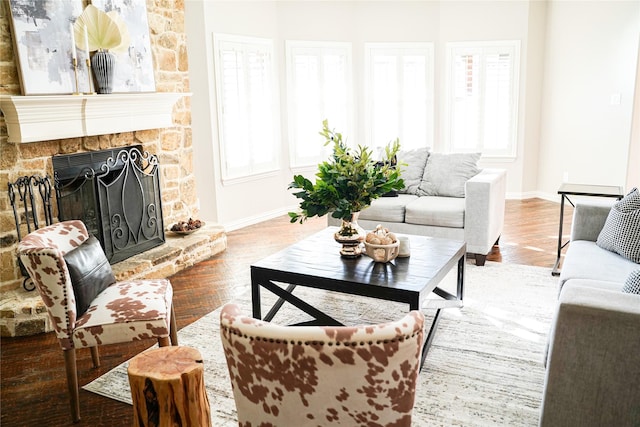 living room with baseboards, wood finished floors, and a fireplace