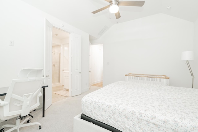 2609 Muirwood Way, Celina, TX 75009 - bedroom featuring connected bathroom, light colored carpet, a ceiling fan, visible vents, and vaulted ceiling