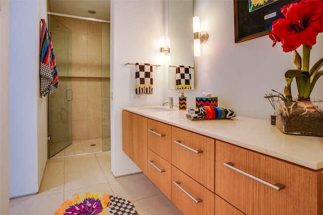 full bath featuring a stall shower, vanity, and tile patterned floors