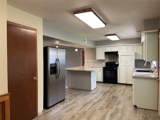 806 Robindale Ln, Fairfield, TX 75840 - kitchen featuring black range with electric cooktop, stainless steel refrigerator with ice dispenser, under cabinet range hood, a textured ceiling, and light wood-style floors