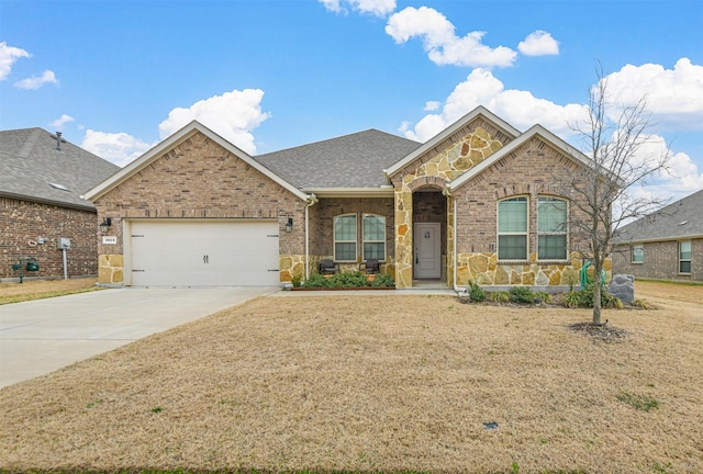 ranch-style home featuring driveway, roof with shingles, a garage, and brick siding