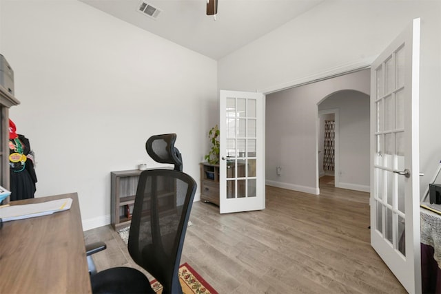 3512 Tunnel Ave, Aubrey, TX 76227 - office featuring french doors, arched walkways, a ceiling fan, baseboards, and vaulted ceiling