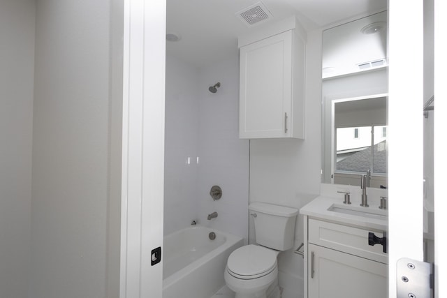 bathroom featuring toilet, visible vents, shower / washtub combination, and vanity