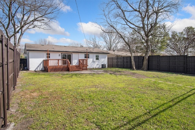 back of property featuring a deck, a lawn, and a fenced backyard